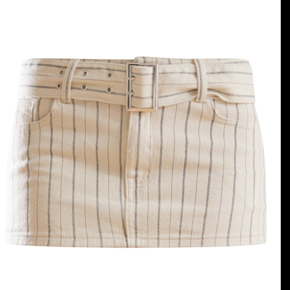 PrettyLittleThing Cream Pinstripe Belted Denim Micro Mini Skirt